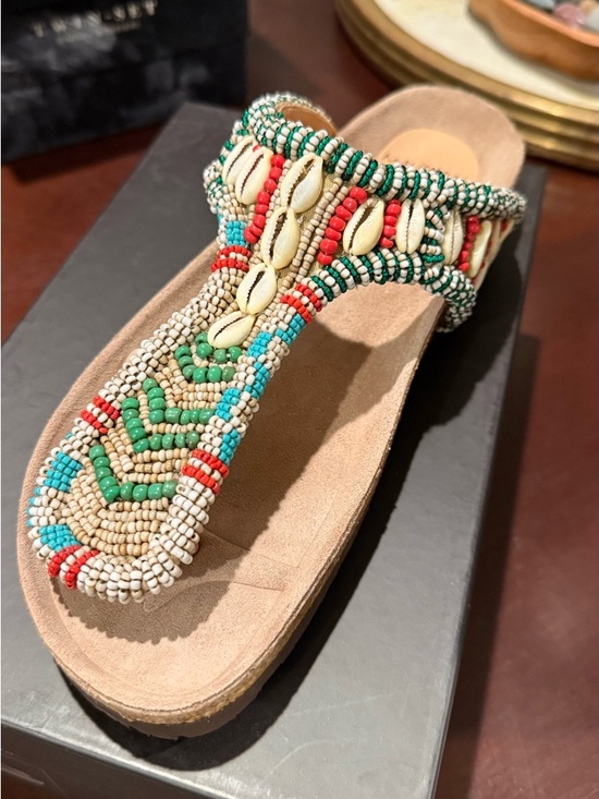 Maliparmi Shoes - Beaded T-Strap Sandal in Beige with Multicolor Accents